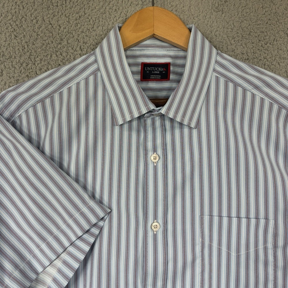 UNTUCKit Shirt Men Large Blue Striped Button Up Short Sleeve Polyester